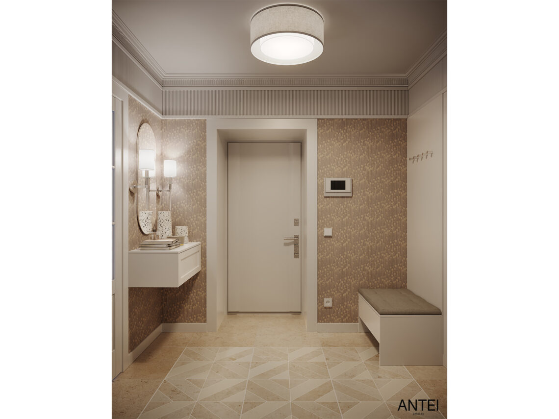 Прихожая с консолью, овальным зеркалом и обоями Миласса, интерьер дома Светлогорск