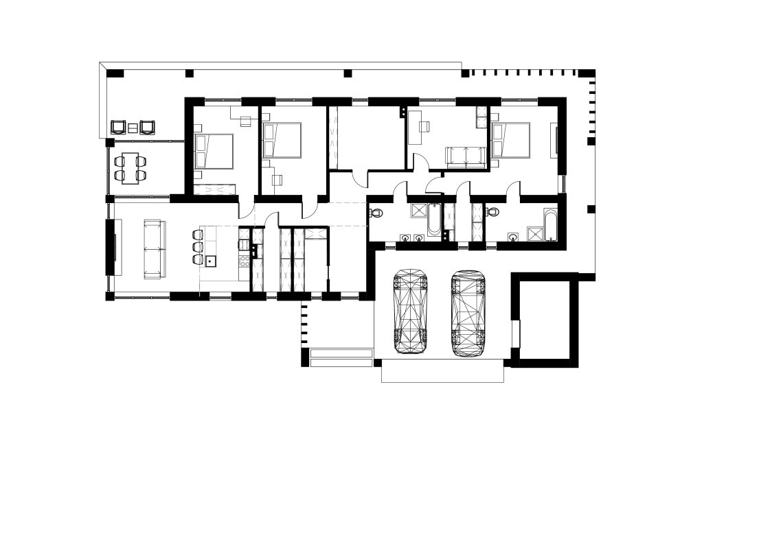 План одноэтажного дома 219 м²: три спальни, гостиная с кухней, два санузла, встроенный карпорт на два авто, проект Antei.by
