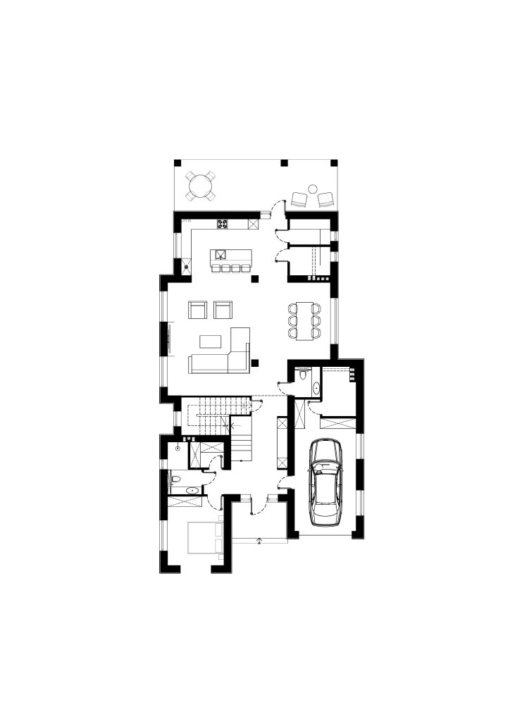 План первого этажа классического дома 327 м² — открытая гостиная со столовой, кухня, гараж, терраса, Гомель