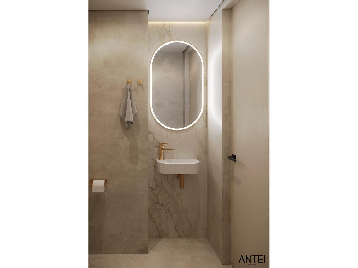 Умывальник с мраморной стеной и овальным зеркалом с подсветкой, уборная Гомель